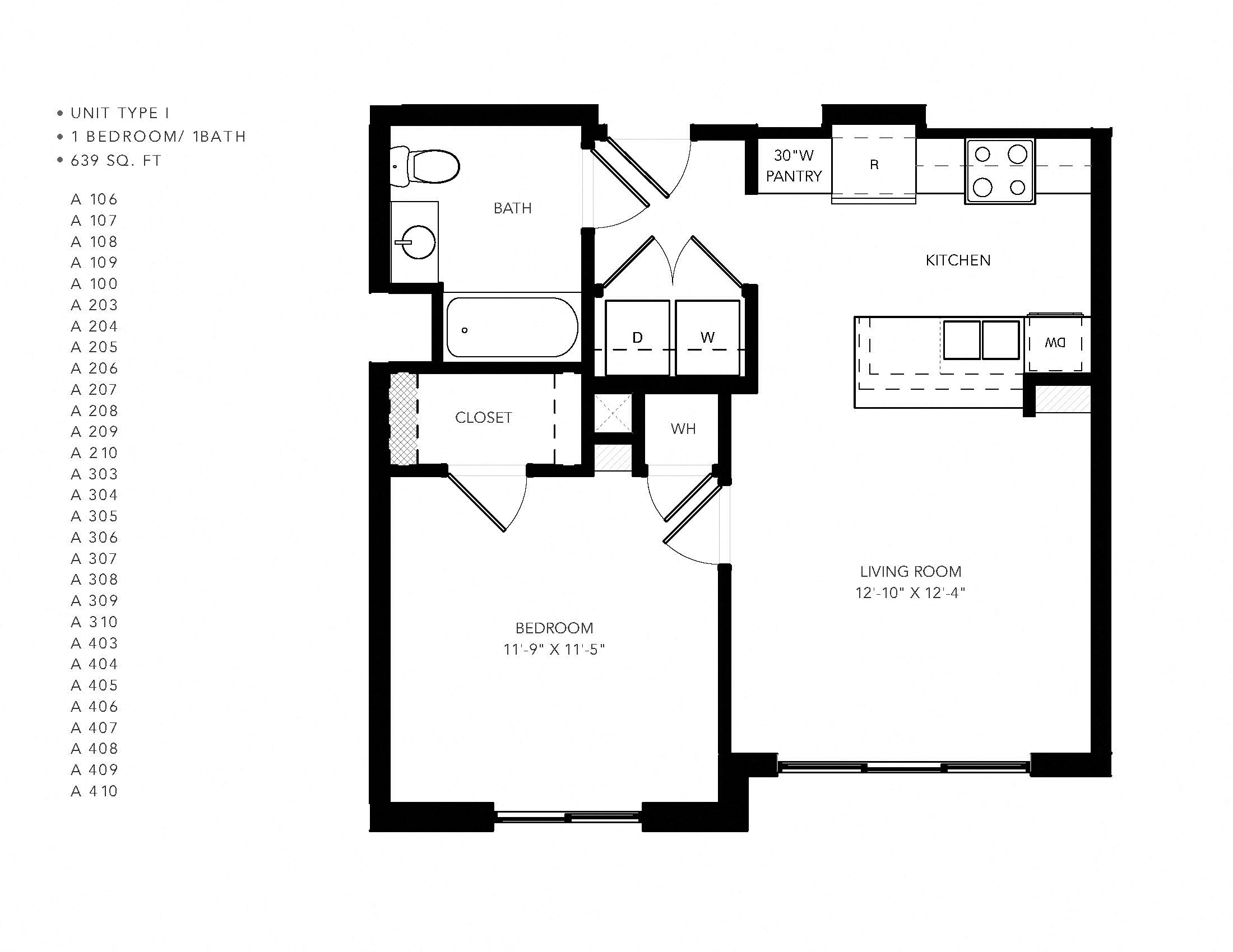 Floor plan for 1 bed, 1 bath, 581 sqft
